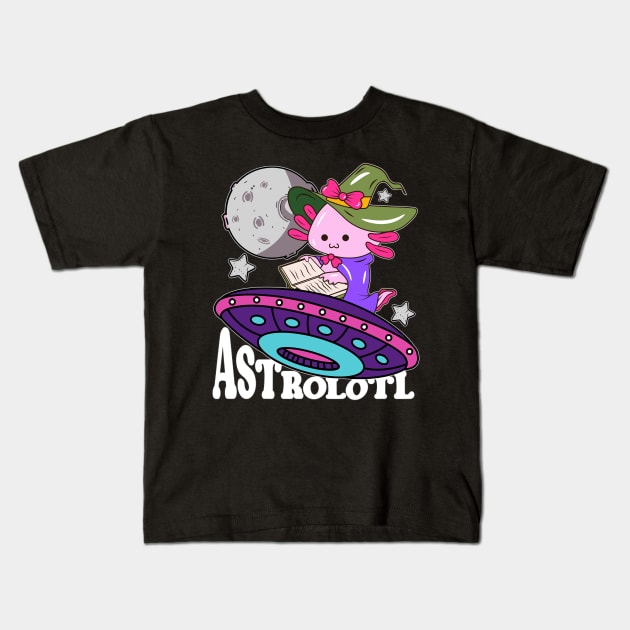 Astrolotl Axolotl Halloween Witch Funny Axolotl Witch Kawaii Kids T-Shirt by alcoshirts